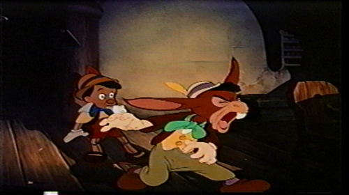 A lighting is treated as if there were a real lamp in the room, so Lampwick casts a shadow over Pinocchio as he stands in front of the light source of the room.