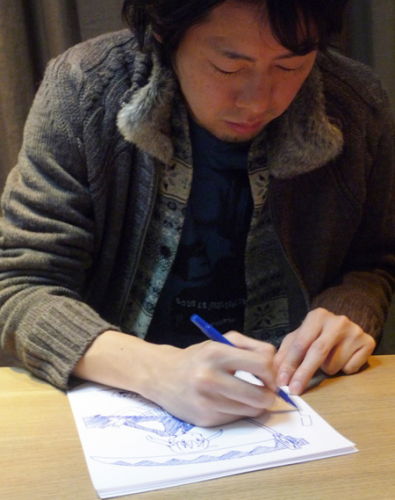 Artist and writer Okubo sketching the main character, Maka Albarn. 